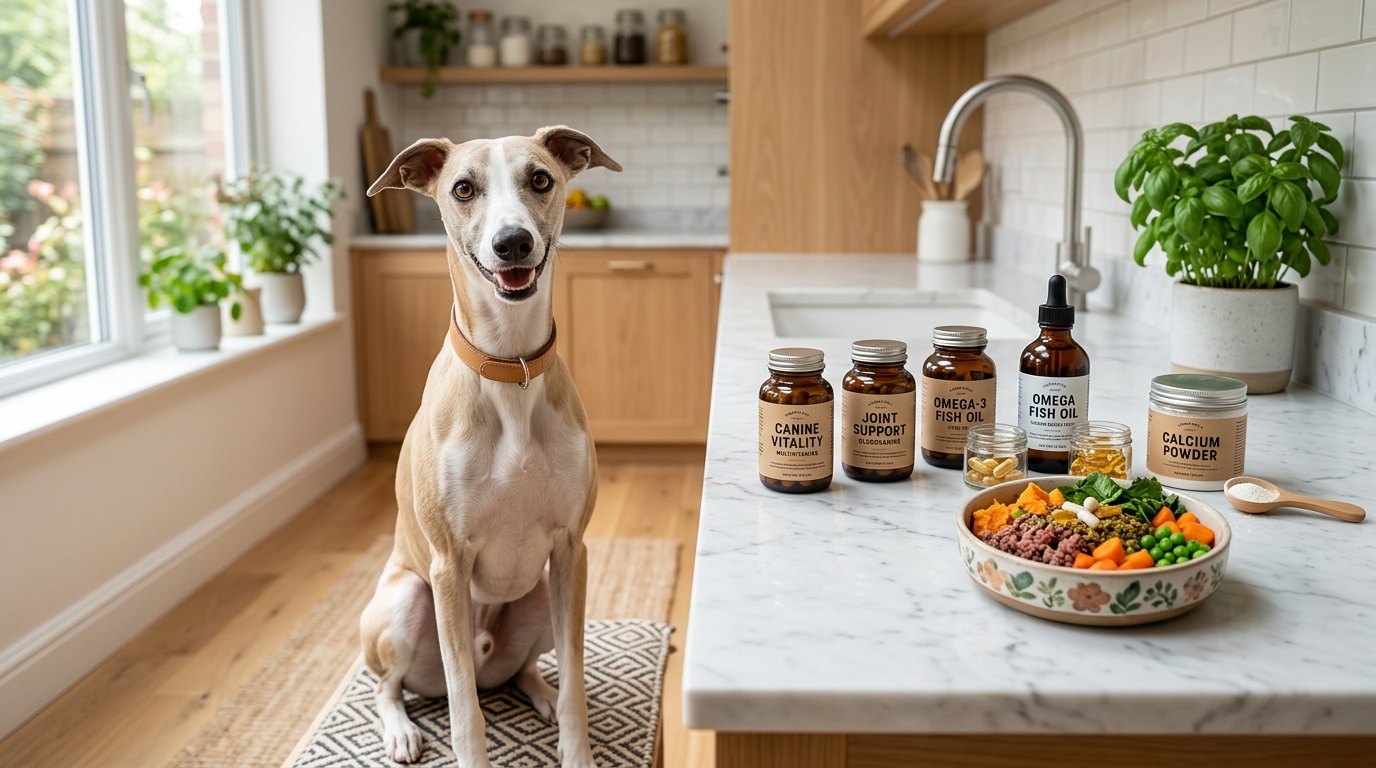 Dog with healthy food